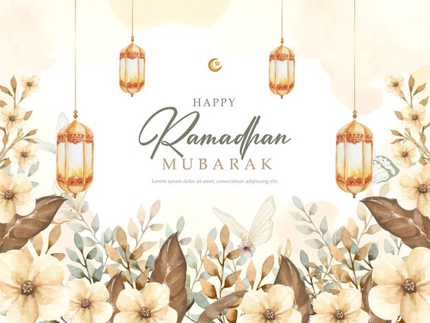 Fondo de tarjeta de felicitación de ramadhan mubarak con pintura de jardín floral