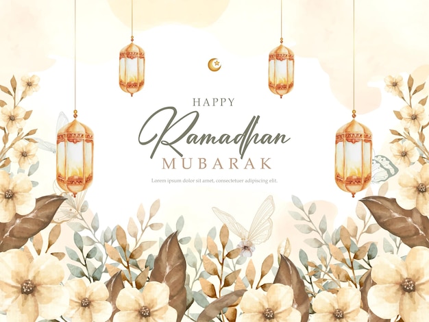 Fondo de tarjeta de felicitación de ramadhan mubarak con pintura de jardín floral