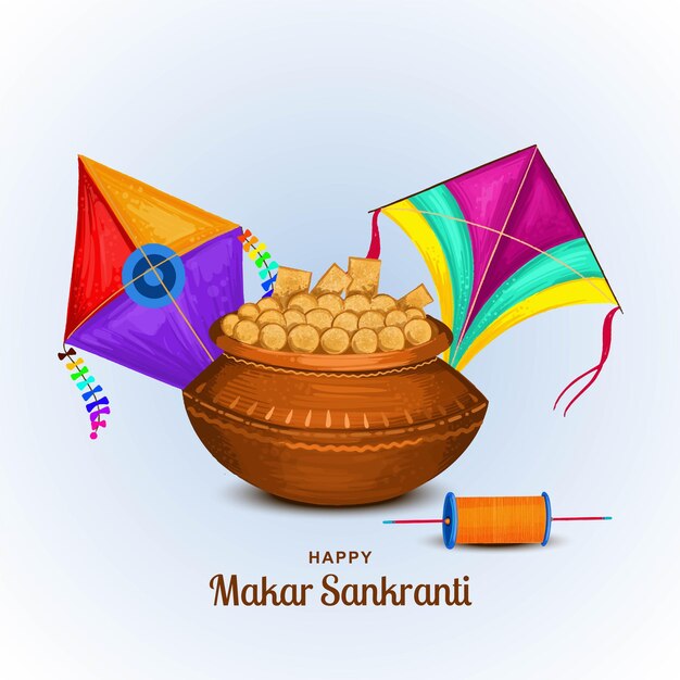El fondo de la tarjeta de feliz Makar Sankranti con un diseño de cometa colorido