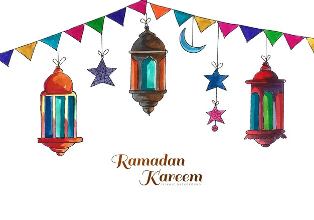 Fondo de tarjeta de lámparas islámicas tradicionales de Ramadan Kareem tres colores