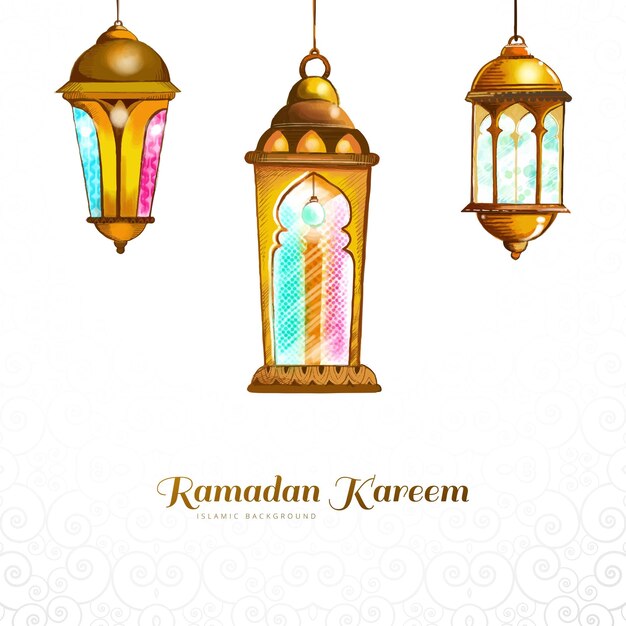 Fondo de tarjeta de lámparas islámicas tradicionales de Ramadan Kareem tres colores