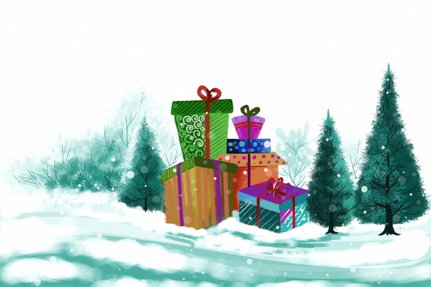 Fondo de tarjeta de vacaciones hermosa de regalos de navidad de paisaje de invierno festivo
