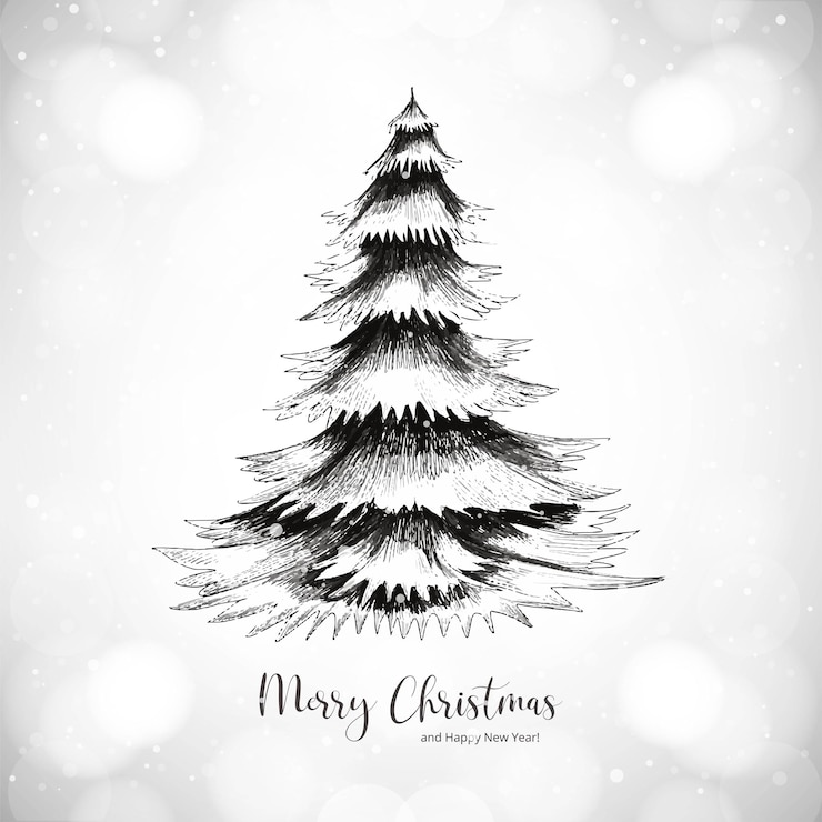 Vector gratuito fondo de tarjeta de vacaciones de invierno de árbol de navidad de bosquejo de sorteo de mano