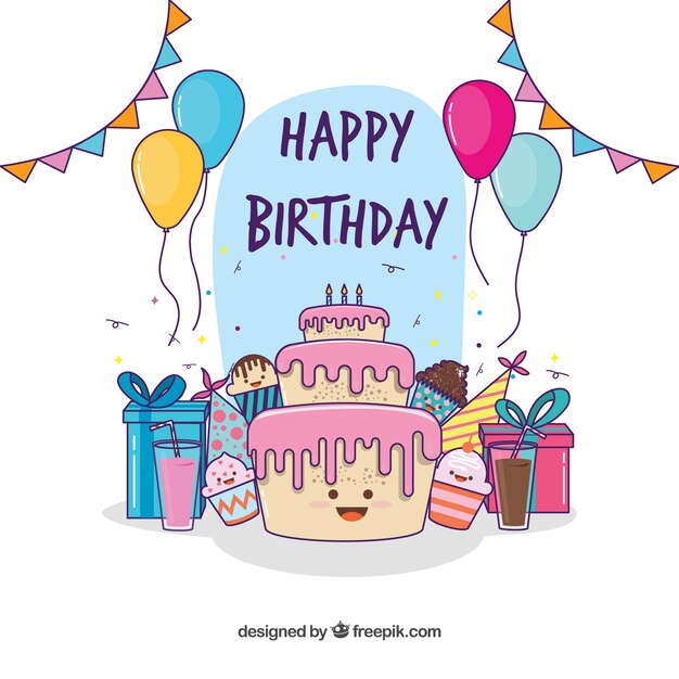 Fondo de tarta adorable de cumpleaños y regalos dibujados a mano 
