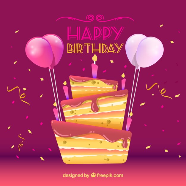 Fondo con tarta de cumpleaños y confeti 