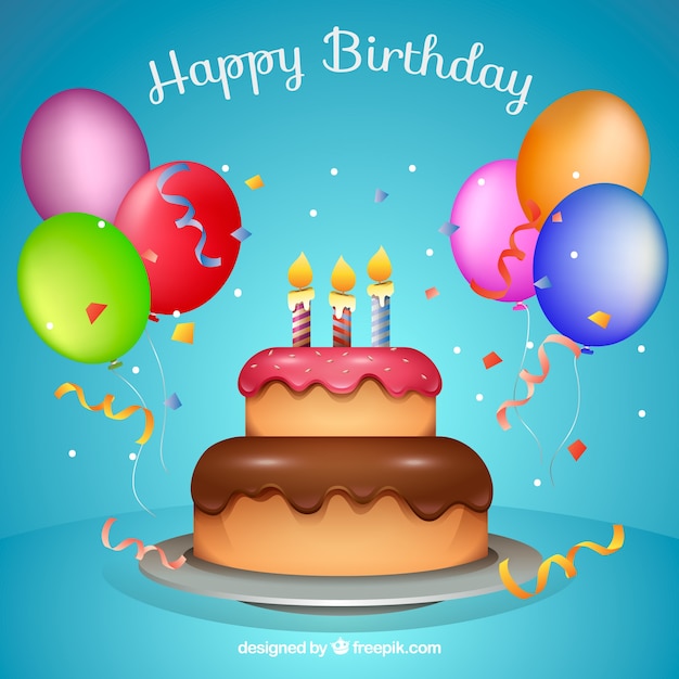 Vector gratuito fondo de tarta de cumpleaños con globos de colores y confeti