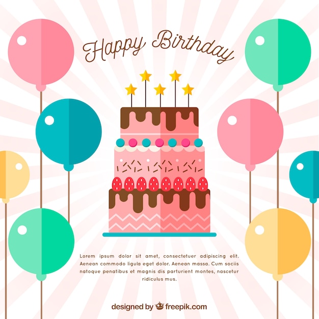 Vector gratuito fondo de tarta de cumpleaños con globos en diseño plano