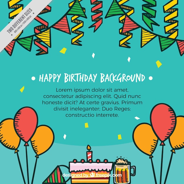 Fondo con tarta y ornamentos de cumpleaños