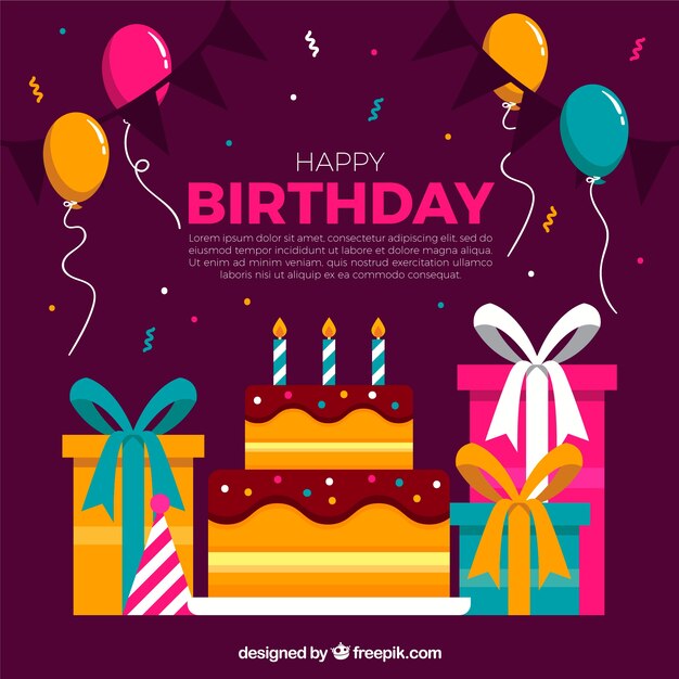 Fondo de tarta y regalos de cumpleaños en diseño plano 