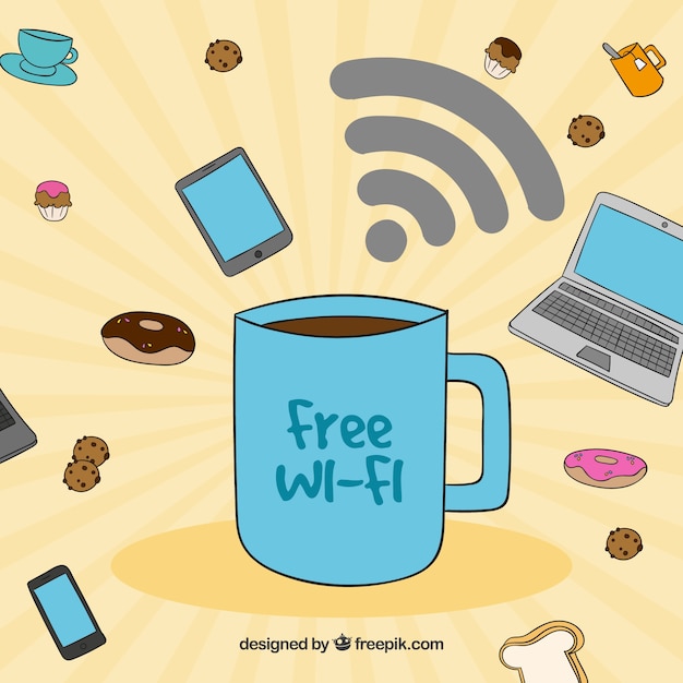 Vector gratuito fondo de taza de café y wifi gratis