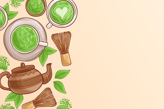 Fondo de té matcha dibujado a mano