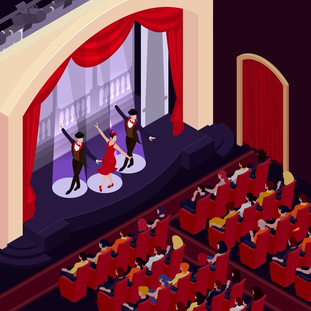 Fondo de teatro con símbolos de interpretación musical ilustración vectorial isométrica