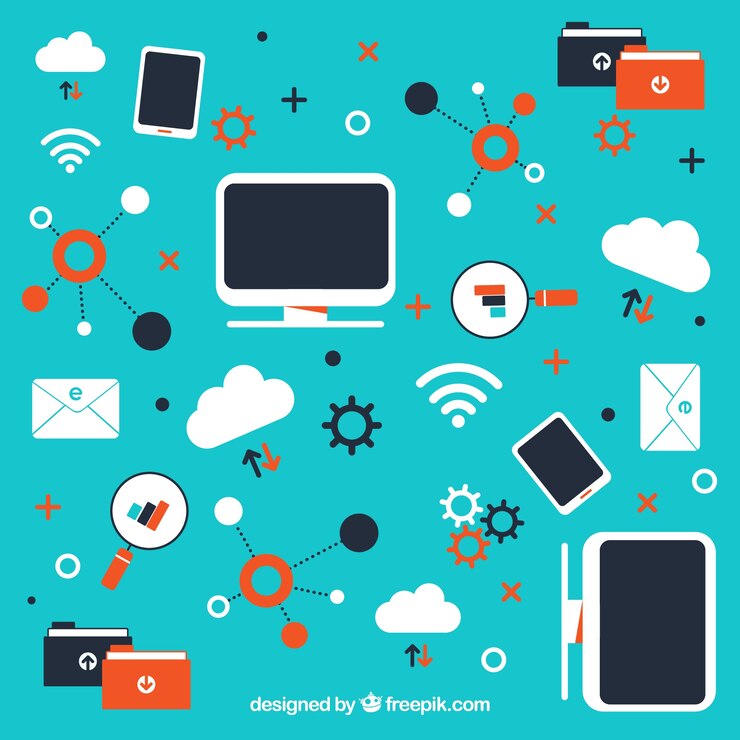 Vector gratuito fondo de tecnología con dispositivos en estilo plano