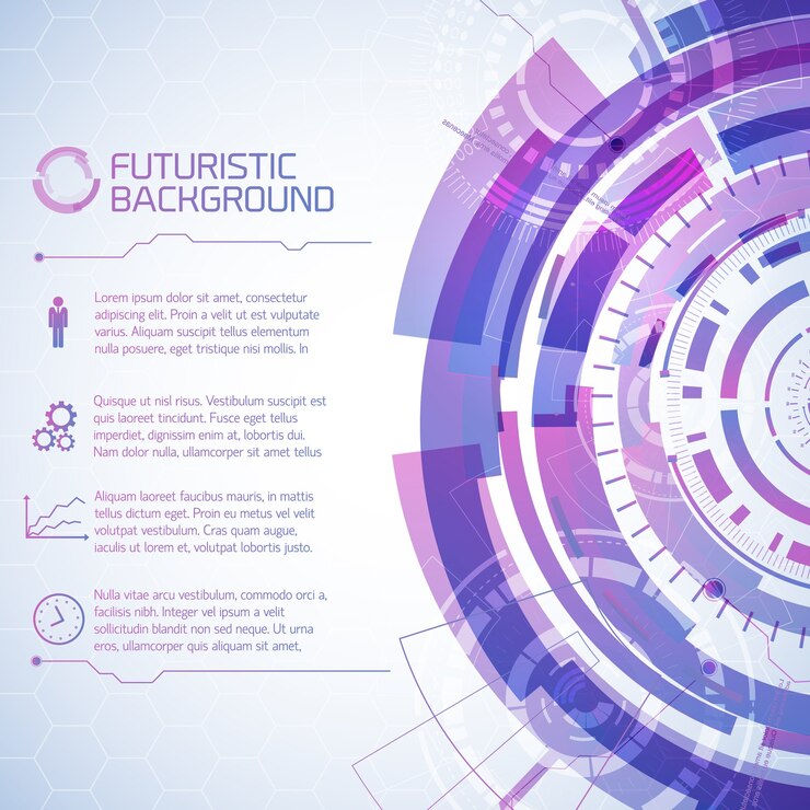 Vector gratuito fondo de tecnología virtual con composición de elementos de pantalla táctil de usuario redondos futuristas y párrafos de texto con iconos