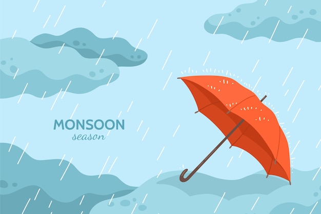 Fondo de temporada de monzón de paraguas dibujado a mano