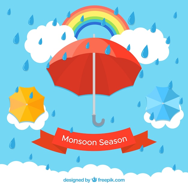 Vector gratuito fondo de temporada de monzón con paraguas
