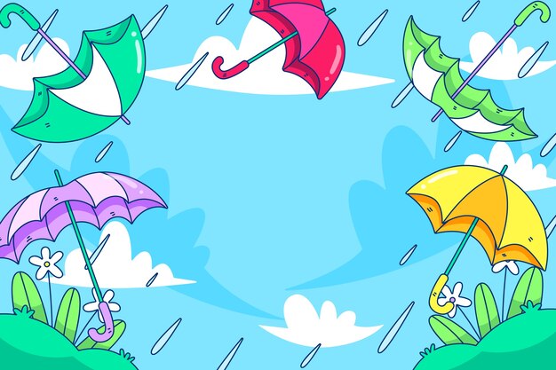 Fondo de temporada de monzones dibujado a mano con sombrillas