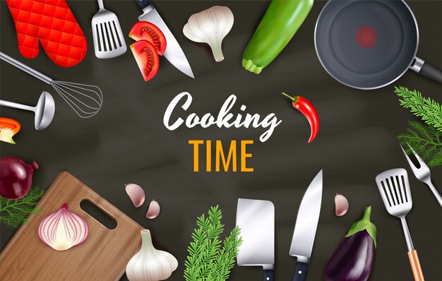 Fondo de tiempo de cocción con utensilios de cocina y objetos de cocina realistas