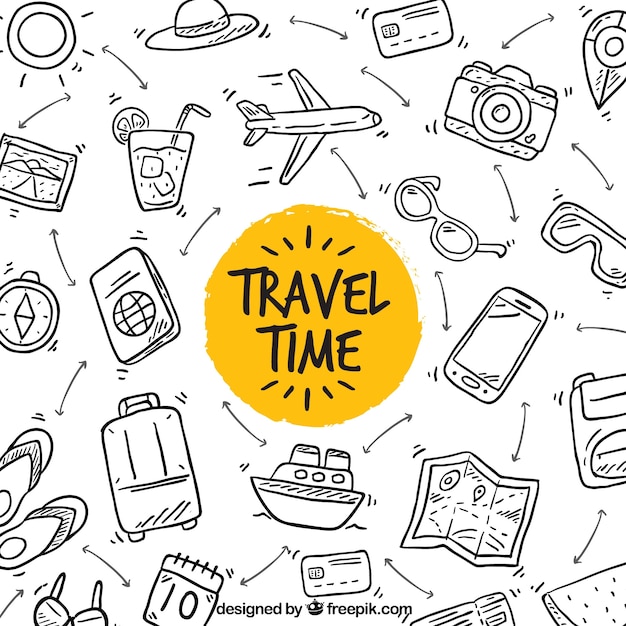 Fondo tiempo de viajar dibujado a mano