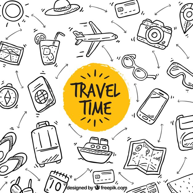 Fondo tiempo de viajar dibujado a mano