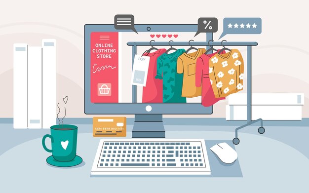 Fondo de tienda de ropa en línea con símbolos de apariencia y atuendo ilustración vectorial plana