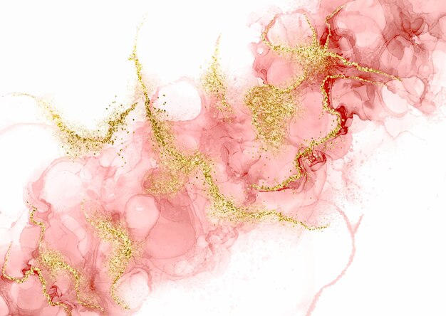 Fondo de tinta de alcohol rosa con elementos dorados brillantes