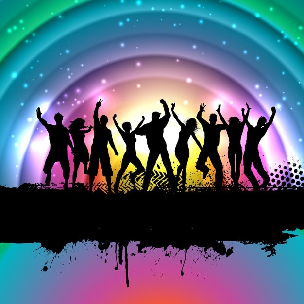 Fondo a todo color con siluetas de gente bailando 