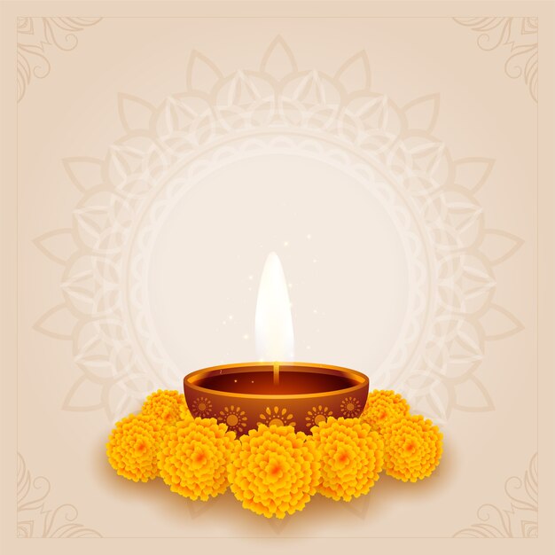 Fondo tradicional de diwali puja con diya y flor