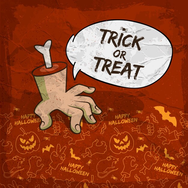 Fondo tradicional de Halloween con brazo de zombie de nube de discurso e iconos de línea espeluznante