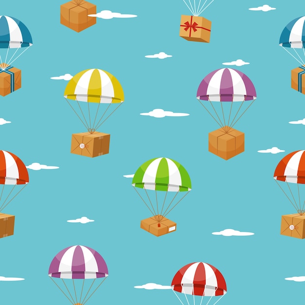 Fondo transparente de entrega con cajas de regalo en paracaídas.
