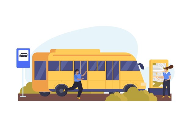 Fondo de transporte público plano con dos personajes humanos autobús y mapa de la ciudad ilustración vectorial
