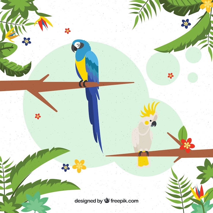Vector gratuito fondo tropical con aves y plantas.