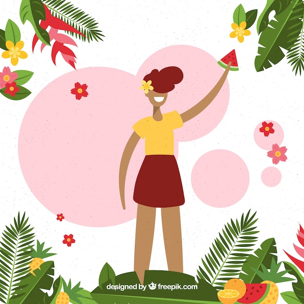 Vector gratuito fondo tropical con chica y plantas