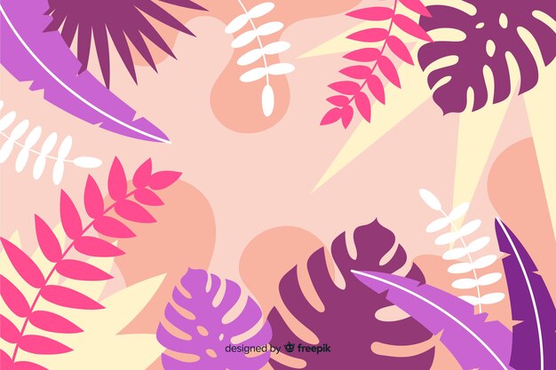 Fondo tropical con composición de plantas y hojas en diseño de estilo plano.