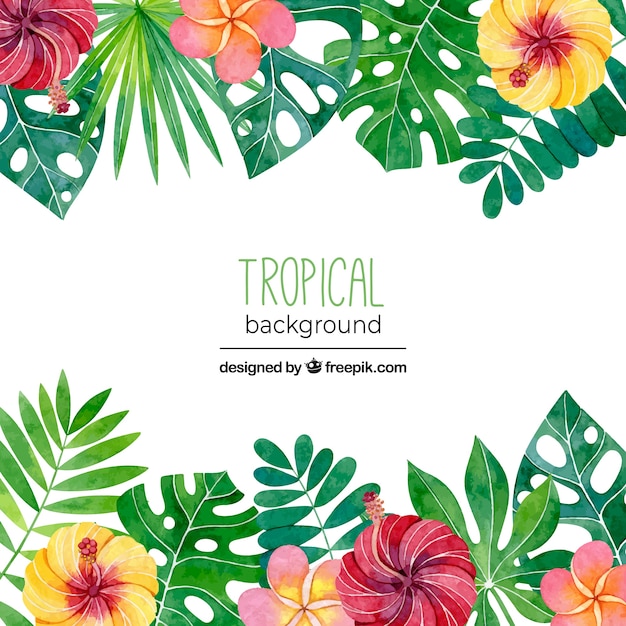 Vector gratuito fondo tropical con hojas y flores en estilo acuarela