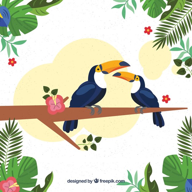 Fondo tropical con pájaros y plantas 