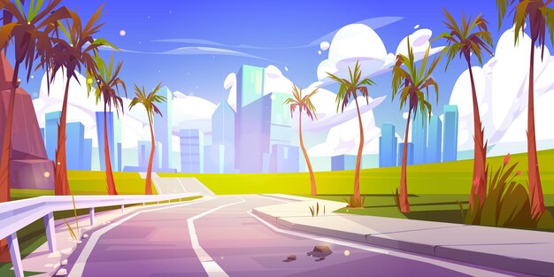 Fondo tropical de verano con palmeras y carretera.