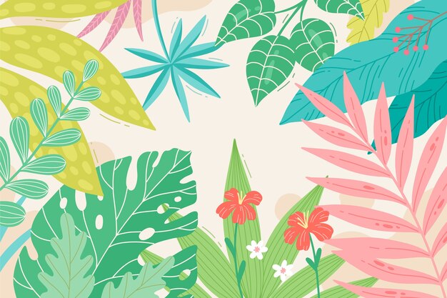 Fondo tropical de verano plano dibujado a mano