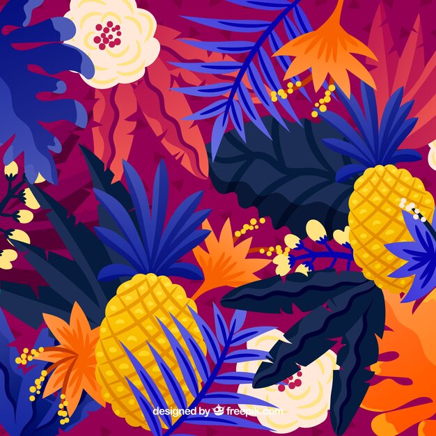 Fondo tropical de verano con plantas coloridas y piñas