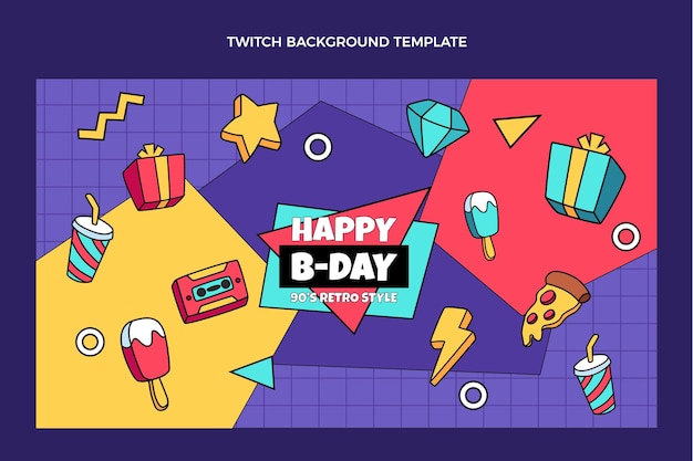 Vector gratuito fondo de twitch de cumpleaños de los 90 dibujados a mano