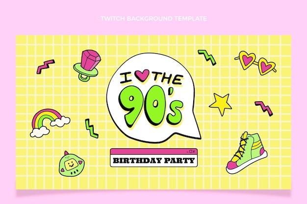 Fondo de twitch de cumpleaños de los 90 dibujados a mano
