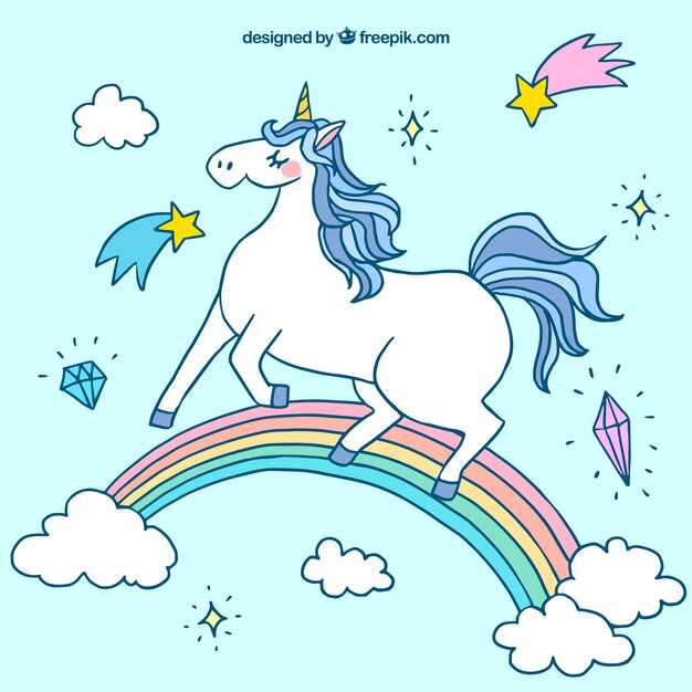 Fondo de unicornio en un arcoiris dibujado a mano 