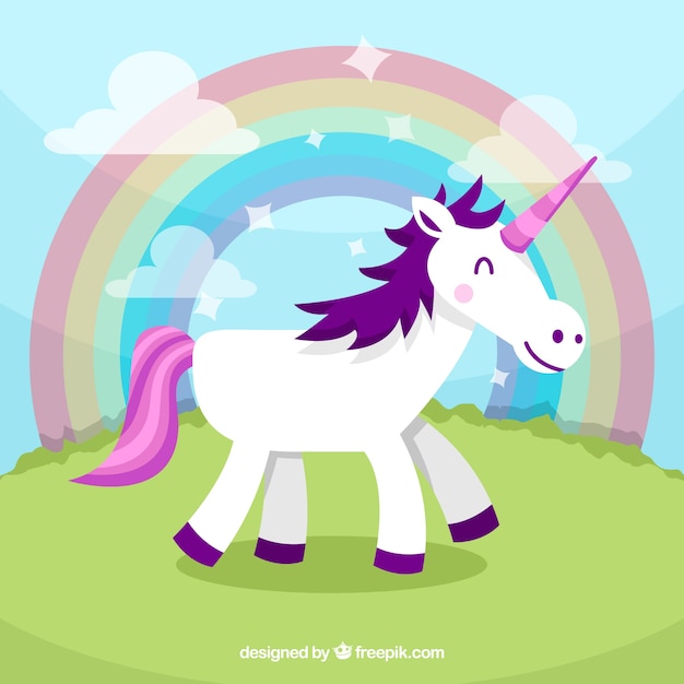 Vector gratuito fondo de unicornio feliz en un paisaje