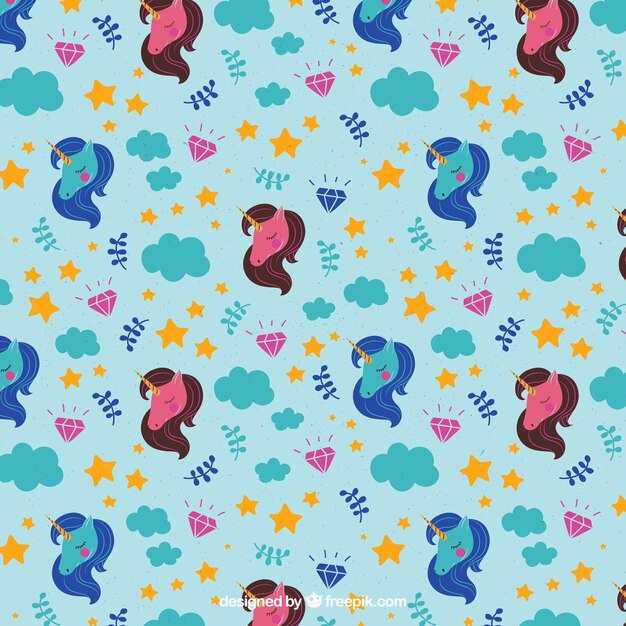 Fondo de unicornio con nubes y diamantes