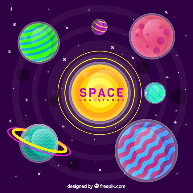 Fondo de universo con planetas de colores en diseño plano 