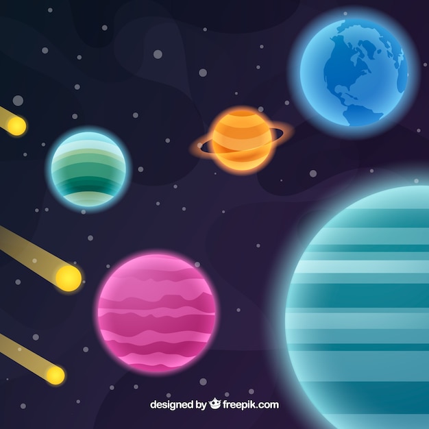 Vector gratuito fondo de universo con planetas y meteoritos