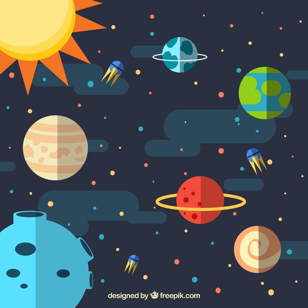 Fondo de universo con planetas y sol en diseño plano