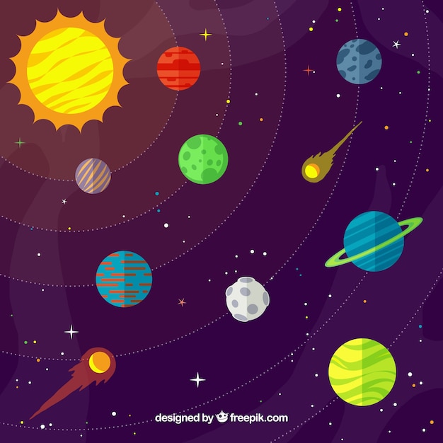 Fondo de universo con sol y planetas coloridos en diseño plano 