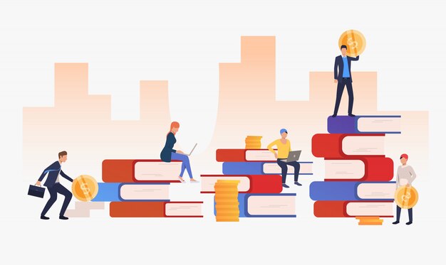 Fondo urbano con gente de negocios y libros.