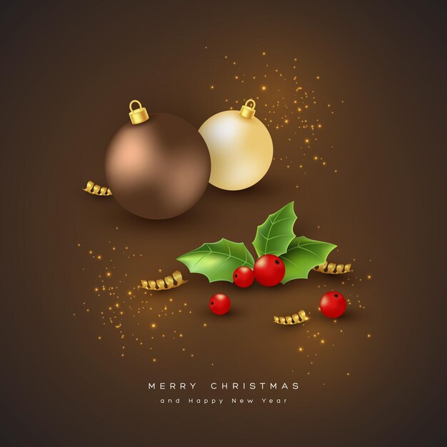 Fondo de vacaciones de feliz Navidad con adorno, abeto y acebo. Diseño brillante brillo, fondo negro. Ilustración vectorial.